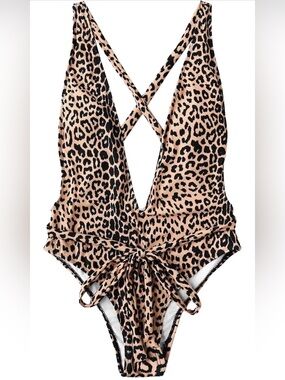 NWOT SweatyRocks Leopard Print Deep V-Neck One-Piece Swimsuit - Small